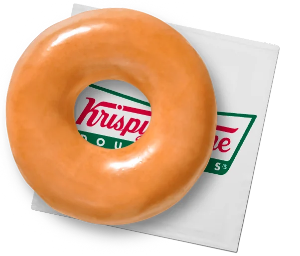 Dona Original Glazed de Krispy Kreme con su glaseado brillante sobre una servilleta con el logo