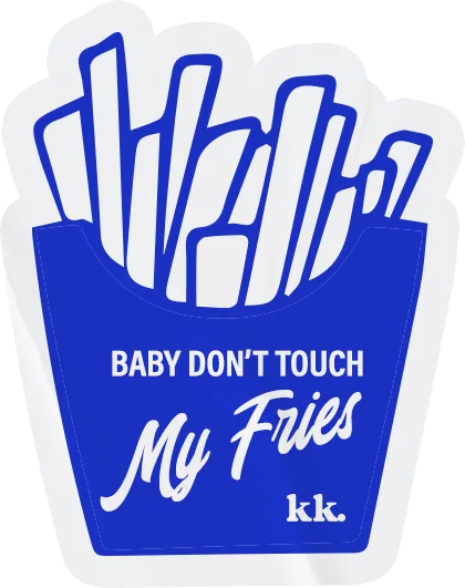 Sticker de Naked Lukas con una caja de papas azul que dice Baby don't touch my fries