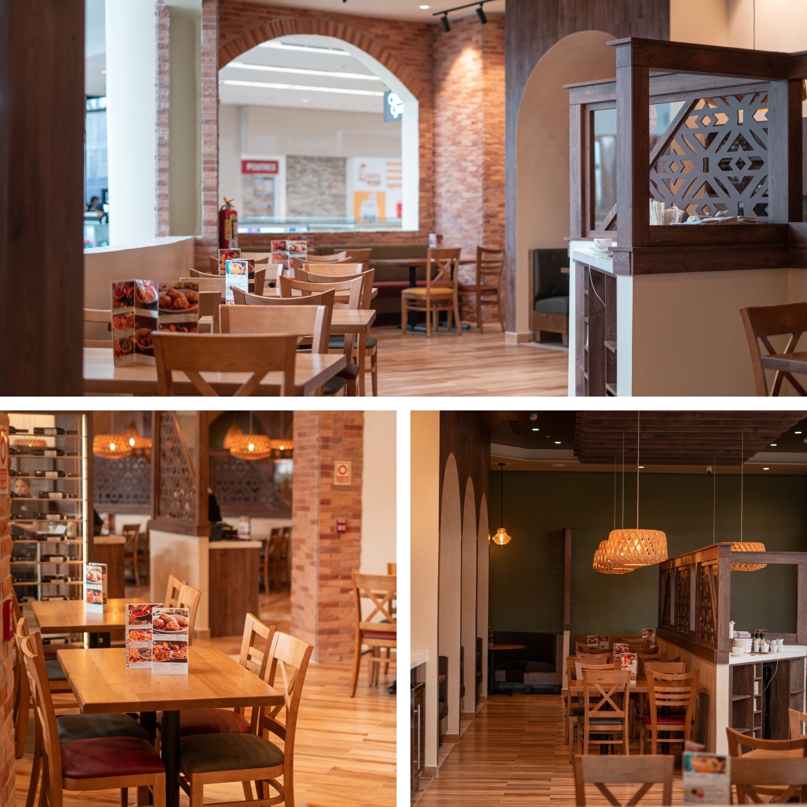 Salón de Olive Garden con mesas de madera, paredes de ladrillo y lámparas cálidas