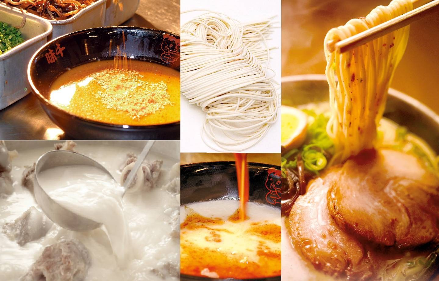 Proceso del ramen Ajisen: caldo tonkotsu blanco, fideos frescos y bowl terminado con chashu