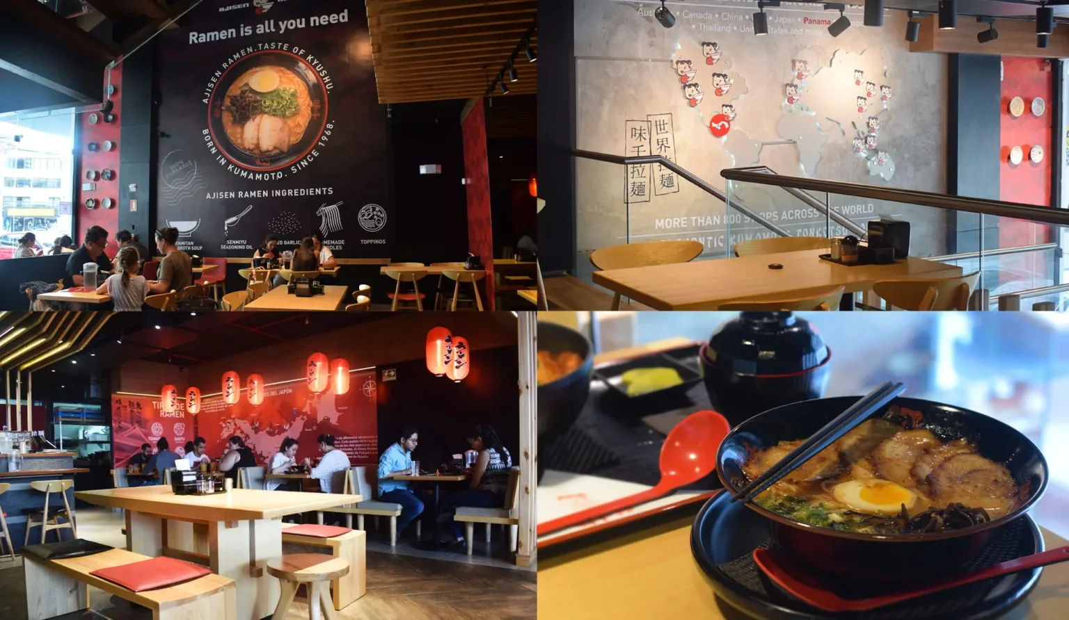 Interiores de los restaurantes Ajisen Ramen en Panamá, con mesas de madera, faroles rojos y un bowl de ramen
